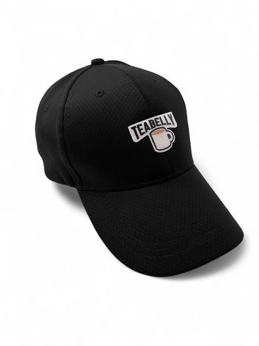 Black cap with Teabelly logo on a white background